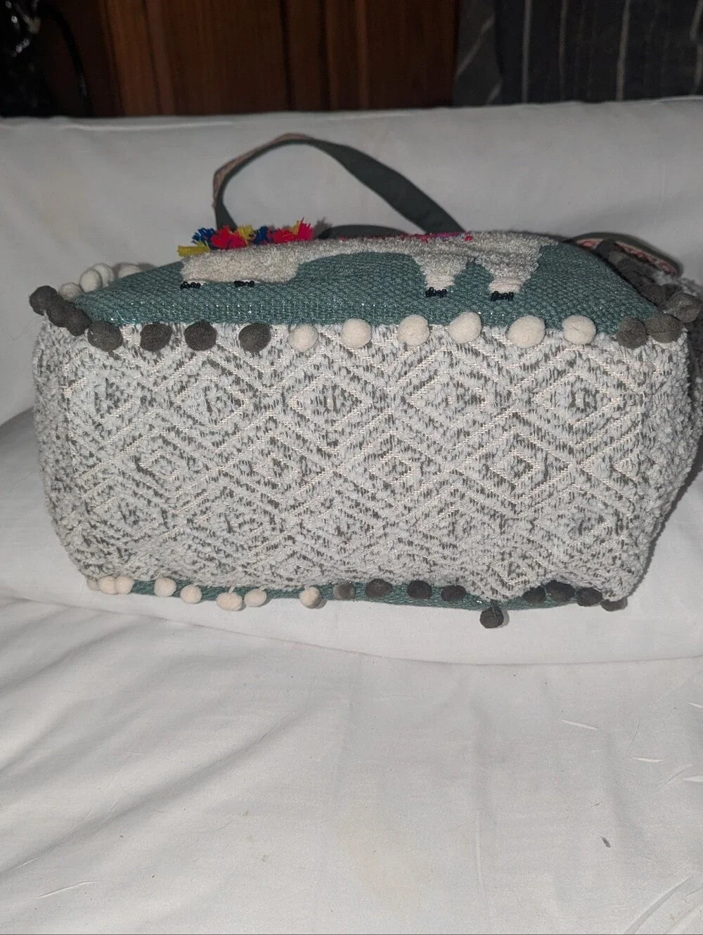 America & Beyond Green Llama Embroidered Tote Bag with Pom Trim